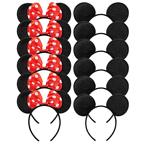 Diadema de Orejas de Ratón CHuangQi 12 Piezas, Color Negro y Rojo con Lazo, Ideal para Fiestas de Cumpleaños y Celebraciones para Niños y Niñas - imagen 1