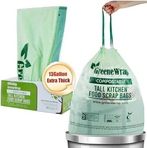 Bolsas de Basura Compostables GreeneWrap de 13 Galones con Cinta, 30 Piezas, 1 Mil, para Residuos de Cocina, Certificadas BPI, Sin Fragancia - imagen 1