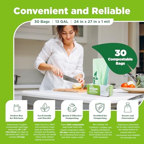 Bolsas de Basura Compostables GreeneWrap de 13 Galones con Cinta, 30 Piezas, 1 Mil, para Residuos de Cocina, Certificadas BPI, Sin Fragancia - imagen 3