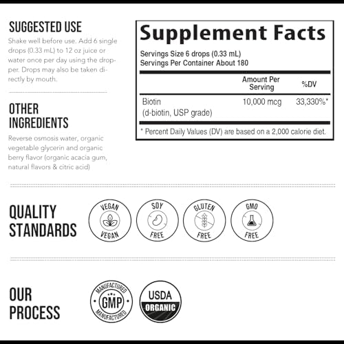 Gotas de Biotina Líquida 10,000mcg para Mujeres – Suplemento Dietético Orgánico USP – Alta Absorción – Apoya Cabello, Piel y Uñas Saludables – Sabor - imagen 6
