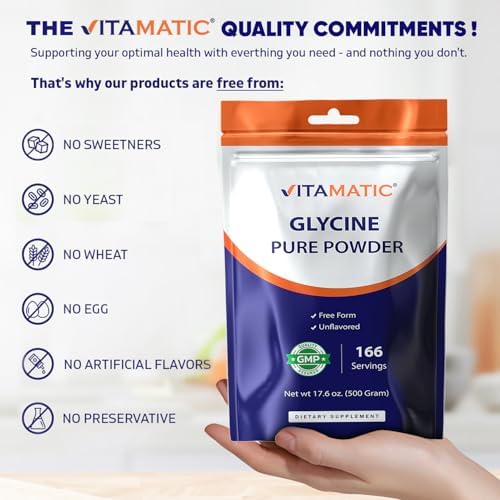 Vitamatic Glycine en Polvo – 3,000 mg por Porción, Suplemento de Aminoácidos Libre, Sin Sabor, 17.6 oz (500 g), No Transgénico, Sin Gluten. - imagen 6
