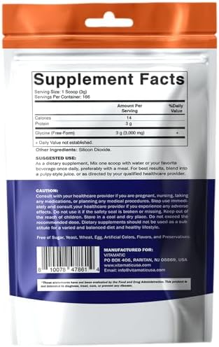 Vitamatic Glycine en Polvo – 3,000 mg por Porción, Suplemento de Aminoácidos Libre, Sin Sabor, 17.6 oz (500 g), No Transgénico, Sin Gluten. - imagen 8