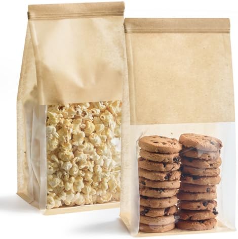 ZORRITA Paquete de 50 Bolsas de Papel para Pan con Ventana, 5.1 x 3.9 x 11 Pulgadas, Cierre de Cinta para Empacar Bagels, Pasteles, Palomitas y - imagen 1