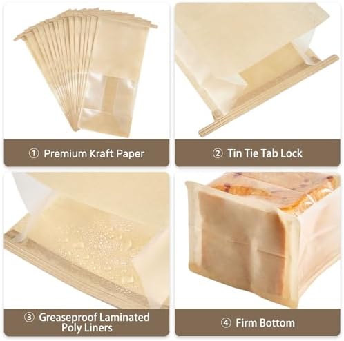 ZORRITA Paquete de 50 Bolsas de Papel para Pan con Ventana, 5.1 x 3.9 x 11 Pulgadas, Cierre de Cinta para Empacar Bagels, Pasteles, Palomitas y - imagen 3