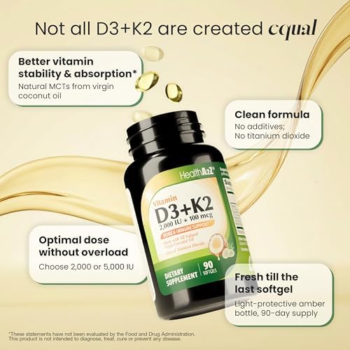 HealthA2Z® Vitamina D3 (2,000 UI) + K2 (MK-7) con Aceite de Coco Virgen - 90 Cápsulas Blandas - Ayuda a la Absorción de Calcio para Huesos, Dientes y - imagen 5