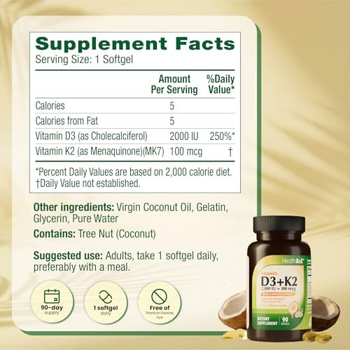 HealthA2Z® Vitamina D3 (2,000 UI) + K2 (MK-7) con Aceite de Coco Virgen - 90 Cápsulas Blandas - Ayuda a la Absorción de Calcio para Huesos, Dientes y - imagen 8