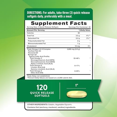 Suplemento Omega 3-6-9 Nature's Truth | 3600mg | 120 Cápsulas | Aceite de Pescado, Linaza y Borraja | Triple Potencia | Sin OGM y Sin Gluten - imagen 2