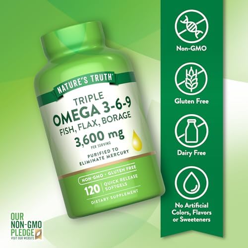 Suplemento Omega 3-6-9 Nature's Truth | 3600mg | 120 Cápsulas | Aceite de Pescado, Linaza y Borraja | Triple Potencia | Sin OGM y Sin Gluten - imagen 3