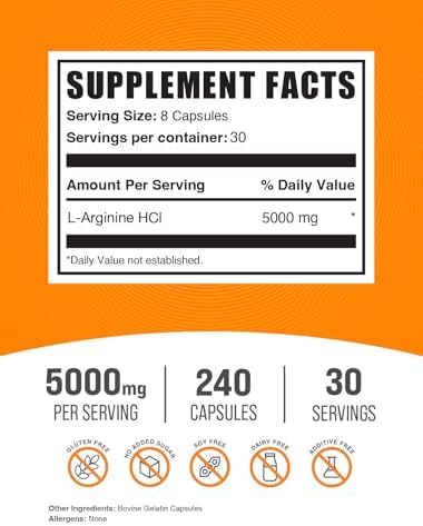 Cápsulas de L-Arginina HCl BulkSupplements.com - Suplemento de Óxido Nítrico, Sin Gluten, 8 Cápsulas por Porción (5000mg), 240 Contenido (Paquete de - imagen 2