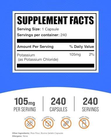 Cápsulas de Cloruro de Potasio BulkSupplements.com - Suplemento Mineral - Sin Gluten, 105mg de Potasio, 1 Cápsula por Porción, 240 Cápsulas (Paquete - imagen 2