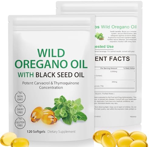 Aceite de Orégano con Aceite de Semilla Negra, Cápsulas de Aceite de Orégano, 120 Contenido, Antioxidantes Naturales, Sin OGM, Sin Gluten, Alto en - imagen 1