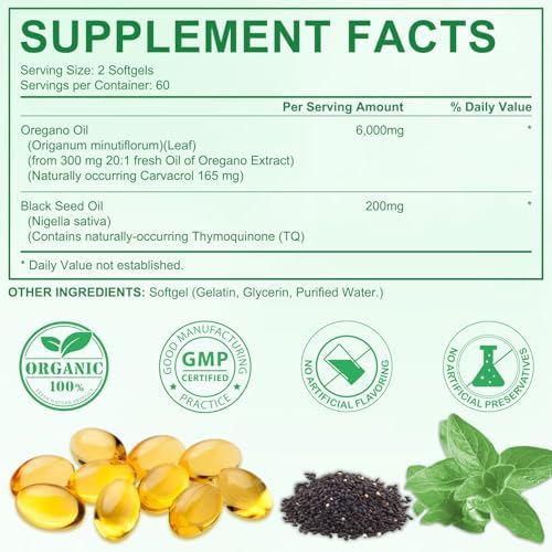Aceite de Orégano con Aceite de Semilla Negra, Cápsulas de Aceite de Orégano, 120 Contenido, Antioxidantes Naturales, Sin OGM, Sin Gluten, Alto en - imagen 2