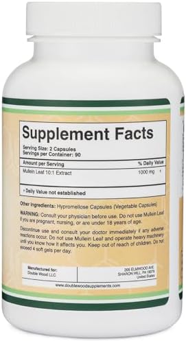 Cápsulas de Hoja de Mullein de Double Wood Supplements, 180 Cápsulas Veganas Sin Rellenos, Apoya la Salud Pulmonar y Respiratoria - imagen 4