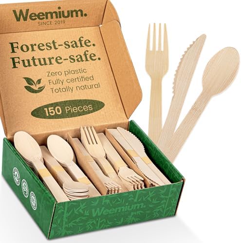 Set de Cubiertos Desechables Weemium de Bambú, [150 Piezas] Utensilios de Bambú Resistente, Certificado FSC, 100% Biodegradables y Compostables, 60 - imagen 1