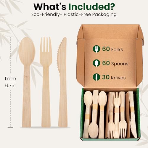 Set de Cubiertos Desechables Weemium de Bambú, [150 Piezas] Utensilios de Bambú Resistente, Certificado FSC, 100% Biodegradables y Compostables, 60 - imagen 3
