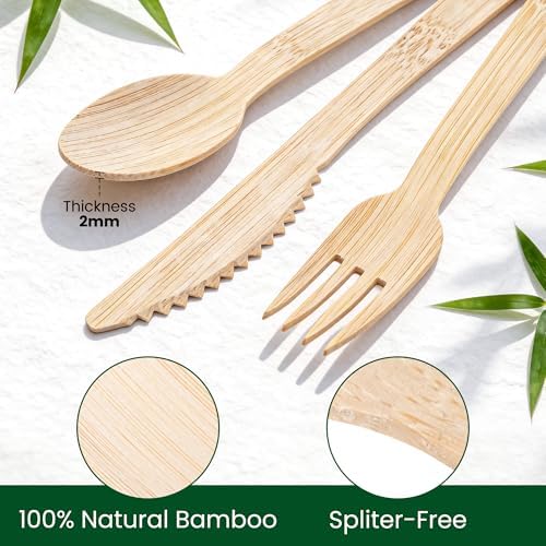 Set de Cubiertos Desechables Weemium de Bambú, [150 Piezas] Utensilios de Bambú Resistente, Certificado FSC, 100% Biodegradables y Compostables, 60 - imagen 4