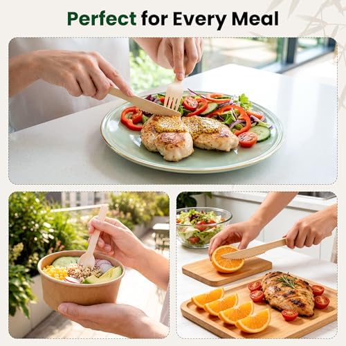Set de Cubiertos Desechables Weemium de Bambú, [150 Piezas] Utensilios de Bambú Resistente, Certificado FSC, 100% Biodegradables y Compostables, 60 - imagen 5