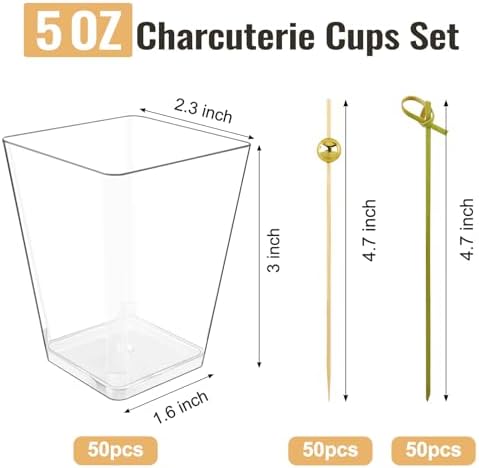 Kucoele 50 Sets de Vasos de Plástico para Charcutería con Palillos, Vasos Transparentes de 5oz para Aperitivos (50 Vasos + 100 Palillos de Cóctel) - imagen 3