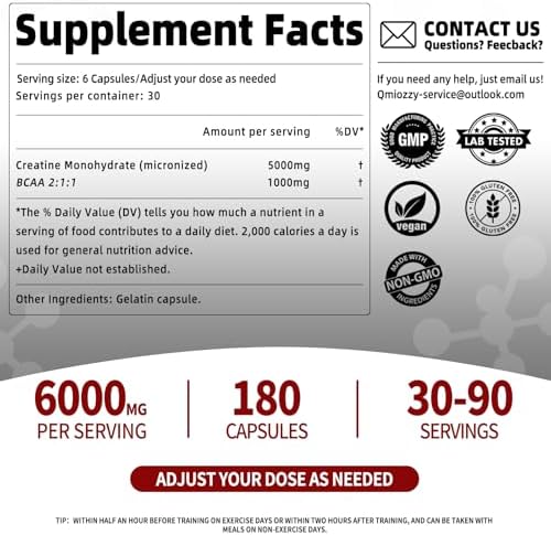 Creatina Monohidratada Micronizada 6000MG en Cápsulas con BCAA 2:1:1 – Suplemento para Fuerza y Recuperación – Vegano, No GMO, Sin Gluten – 180 - imagen 8