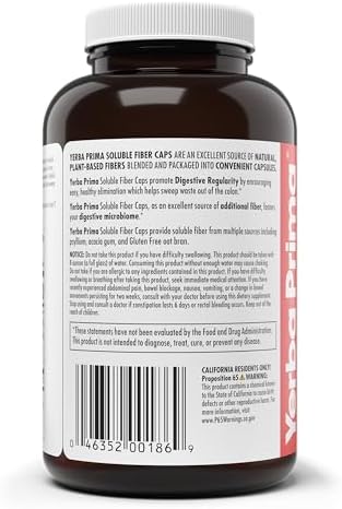 Cápsulas de Fibra Soluble Yerba Prima, 180 Contenidos - Suplemento Dietético Premium, Fibra Soluble Natural, Libre de Gluten, No OGM, Hecho en EE. UU. - imagen 3