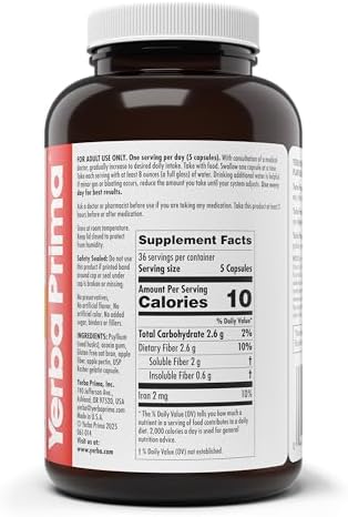 Cápsulas de Fibra Soluble Yerba Prima, 180 Contenidos - Suplemento Dietético Premium, Fibra Soluble Natural, Libre de Gluten, No OGM, Hecho en EE. UU. - imagen 4