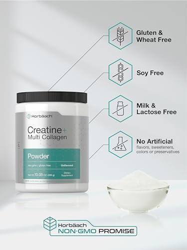 Horbäach Creatina Monohidratada en Polvo | con Colágeno y L-Taurina | 10.05 oz | Sin Sabor | Para Mujeres y Hombres | Sin OGM, Libre de Gluten - imagen 5