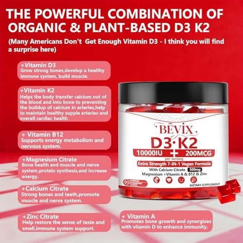 Gomitas BEVIX de Vitamina D3 K2, Sin Azúcar, Veganas, Extra Fuertes, con Calcio, Magnesio y Zinc, para el Sistema Inmunológico y Salud Ósea, Adultos, - imagen 5