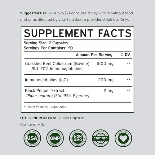 Suplemento de Calostro (120 Cápsulas) 1000mg Por Porción (Cápsulas de Calostro Bovina de la ra Ordeña, con 20% de Inmunoglobulinas IgG) - Alimentado - imagen 6
