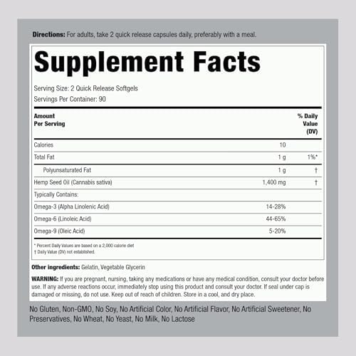 Cápsulas de Aceite de Cáñamo Piping Rock 1400mg | 180 Softgels | Omega 3 6 9 | Prensado en Frío | Suplementos Sin Gluten, No OGM - imagen 2