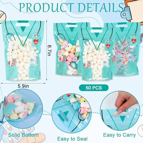 Bolsas de Celofán con Cierre Whaline 50 Pcs para el Día de la Enfermera, Fiestas de Graduación y Suministros Médicos, con Asas y Reutilizables - imagen 2