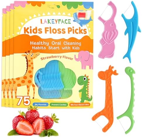 Hilo dental para niños Lakeyface, 300 piezas, sabor fresa, libre de BPA y flúor, con forma de animalito y mango largo, bolsa resellable. - imagen 1