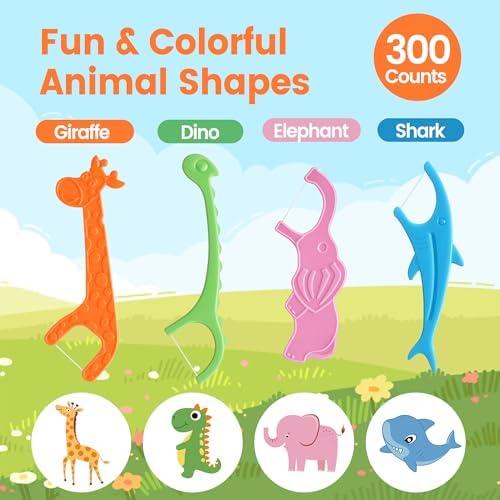 Hilo dental para niños Lakeyface, 300 piezas, sabor fresa, libre de BPA y flúor, con forma de animalito y mango largo, bolsa resellable. - imagen 2