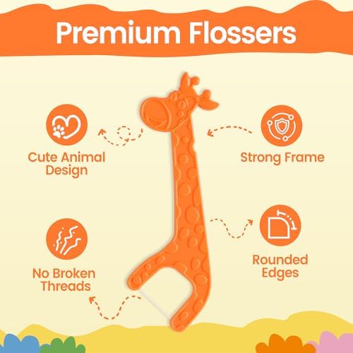 Hilo dental para niños Lakeyface, 300 piezas, sabor fresa, libre de BPA y flúor, con forma de animalito y mango largo, bolsa resellable. - imagen 3