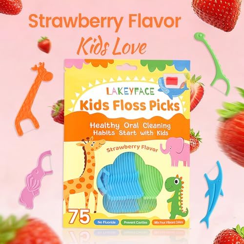 Hilo dental para niños Lakeyface, 300 piezas, sabor fresa, libre de BPA y flúor, con forma de animalito y mango largo, bolsa resellable. - imagen 4