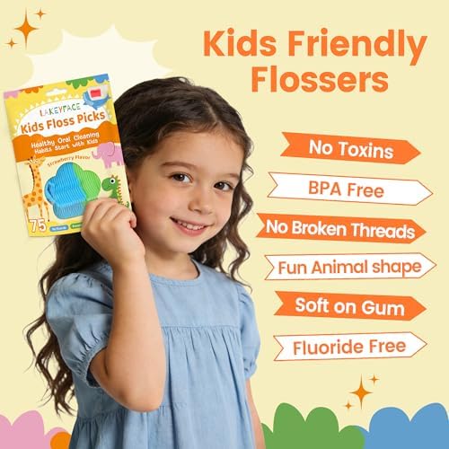 Hilo dental para niños Lakeyface, 300 piezas, sabor fresa, libre de BPA y flúor, con forma de animalito y mango largo, bolsa resellable. - imagen 5