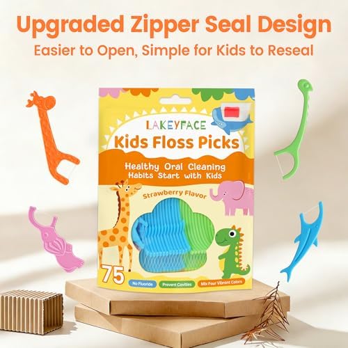 Hilo dental para niños Lakeyface, 300 piezas, sabor fresa, libre de BPA y flúor, con forma de animalito y mango largo, bolsa resellable. - imagen 7