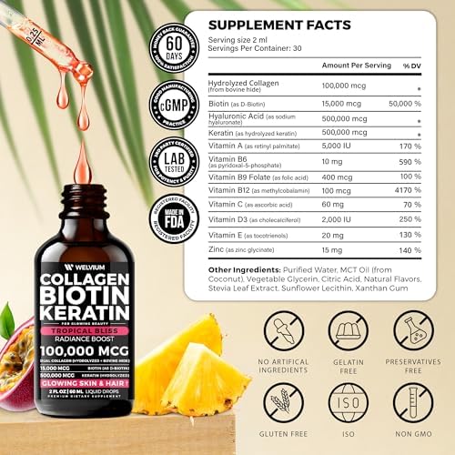 Complejo de Biotina Líquida y Péptidos de Colágeno WELVIUM con Queratina, Ácido Hialurónico, Aceite MCT, Zinc y Vitaminas B6, B7, B12, A, C, D3, E - - imagen 3
