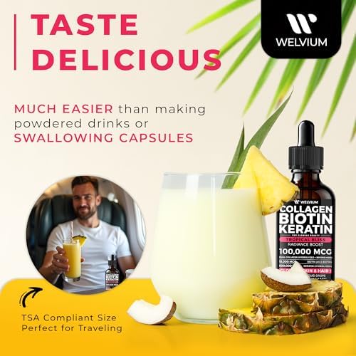 Complejo de Biotina Líquida y Péptidos de Colágeno WELVIUM con Queratina, Ácido Hialurónico, Aceite MCT, Zinc y Vitaminas B6, B7, B12, A, C, D3, E - - imagen 5