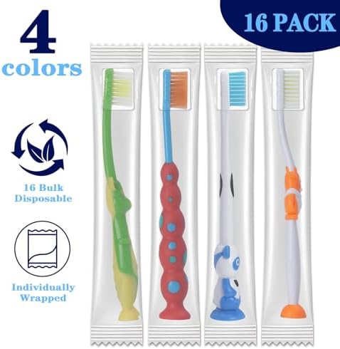 Cepillos de Dientes para Niños Newday, Paquete de 16, Suaves, con Diseño de Animales, con Ventosa y Cubiertas de Viaje, Envuelto Individualmente - imagen 3