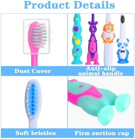 Cepillos de Dientes para Niños Newday, Paquete de 16, Suaves, con Diseño de Animales, con Ventosa y Cubiertas de Viaje, Envuelto Individualmente - imagen 4