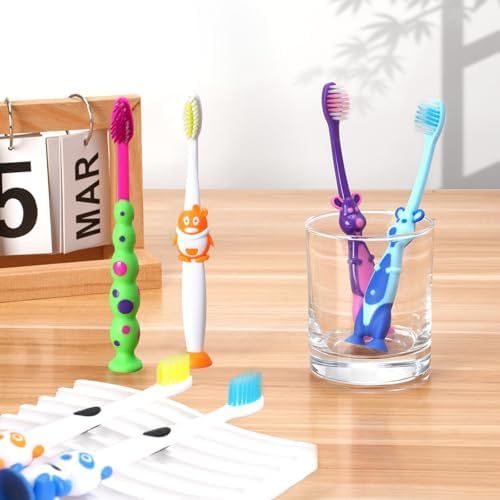 Cepillos de Dientes para Niños Newday, Paquete de 16, Suaves, con Diseño de Animales, con Ventosa y Cubiertas de Viaje, Envuelto Individualmente - imagen 5
