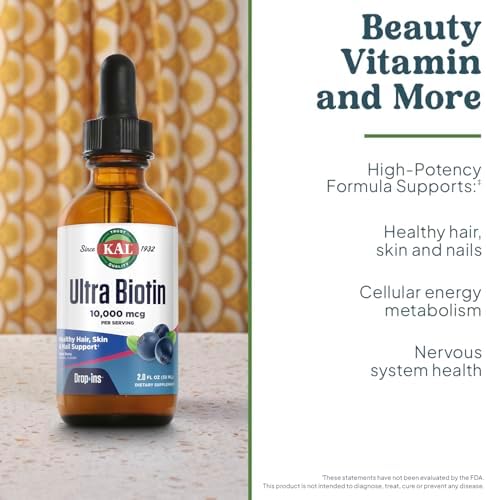 KAL Ultra Biotin 10000mcg Gotas - Biotina Líquida para Cabello, Piel y Uñas, Sabor Natural a Frutas Mixtas - 2 fl oz (Aproximadamente 59 Porciones) - imagen 3