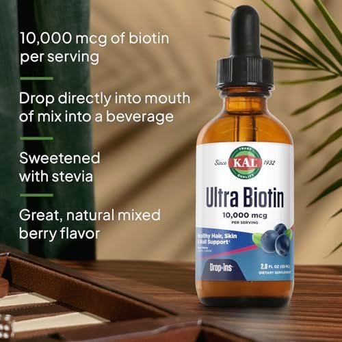 KAL Ultra Biotin 10000mcg Gotas - Biotina Líquida para Cabello, Piel y Uñas, Sabor Natural a Frutas Mixtas - 2 fl oz (Aproximadamente 59 Porciones) - imagen 4