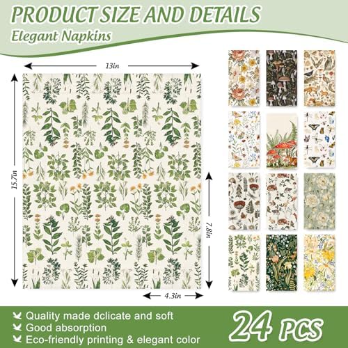 Paquete de 24 Servilletas Desechables Vintage Asortidas con Diseño Floral, Hongo y Animal para Bodas y Fiestas, 12 Estilos - imagen 2