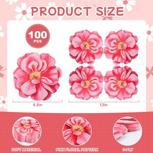 100 Piezas de Servilletas de Papel Florales Desechables Rosadas, Servilletas en Forma de Flor para Cumpleaños, Baby Shower y Día de las Madres - imagen 3