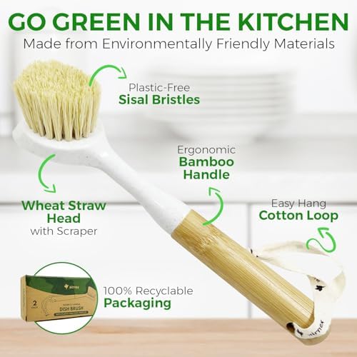 Set de 2 Cepillos de Platos AIRNEX de Bambú - Cepillo para Lavavajillas con Mango de Paja de Trigo y Cerdas de Sisal - Cepillo de Cocina Sin Rayones - imagen 2