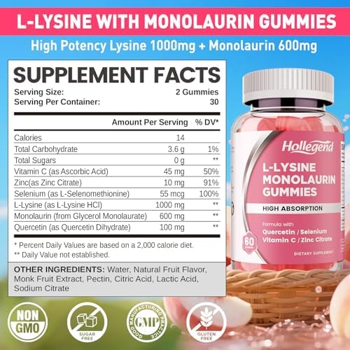 Gomitas de L-Lisina y Monolaurina 1000mg, Suplemento con Vitamina C, Zinc, Selenio y Quercetina, Apoyo Inmunológico y Salud Oral, Sabor Durazno, 60 - imagen 2