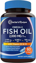 Aceite de Pescado Omega-3 con Vitamina D3 y K2 de Doctor's Recipes, 1100 mg Omega-3, 5000 IU D3 y 100 mcg K2, 60 Softgels para Corazón, Cerebro y - imagen 1