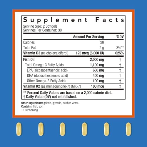 Aceite de Pescado Omega-3 con Vitamina D3 y K2 de Doctor's Recipes, 1100 mg Omega-3, 5000 IU D3 y 100 mcg K2, 60 Softgels para Corazón, Cerebro y - imagen 2