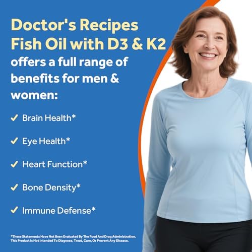 Aceite de Pescado Omega-3 con Vitamina D3 y K2 de Doctor's Recipes, 1100 mg Omega-3, 5000 IU D3 y 100 mcg K2, 60 Softgels para Corazón, Cerebro y - imagen 3